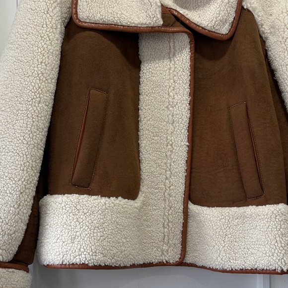 LOFT Ivory Cream Sherpa & Brown Faux Suede Moto Zip Jacket Coat Size Medium - Picture 4 of 15